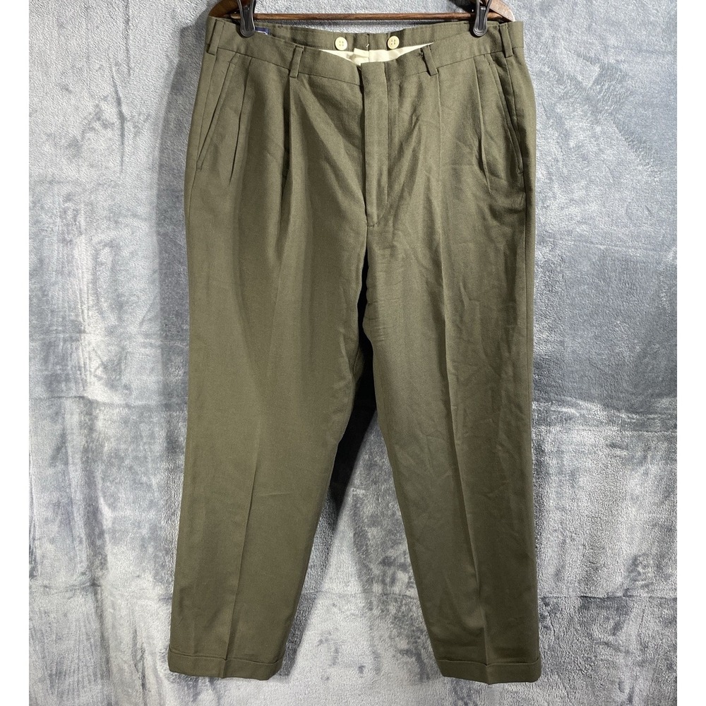 Vintage Lands End Pants 38x29 Green Wool Pleated Cuffed High Waist Baggy USA